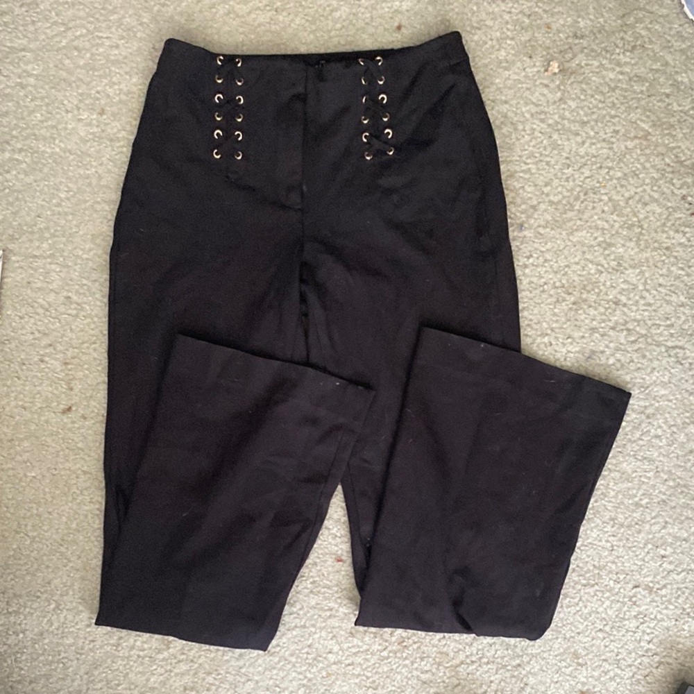 Flared Zip-up Black Pants with Gold Lace up Details